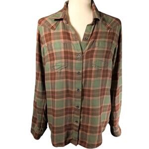 Ariat Women's Billie Jean Long Sleeve Western Flannel Shirt Green Orange Small